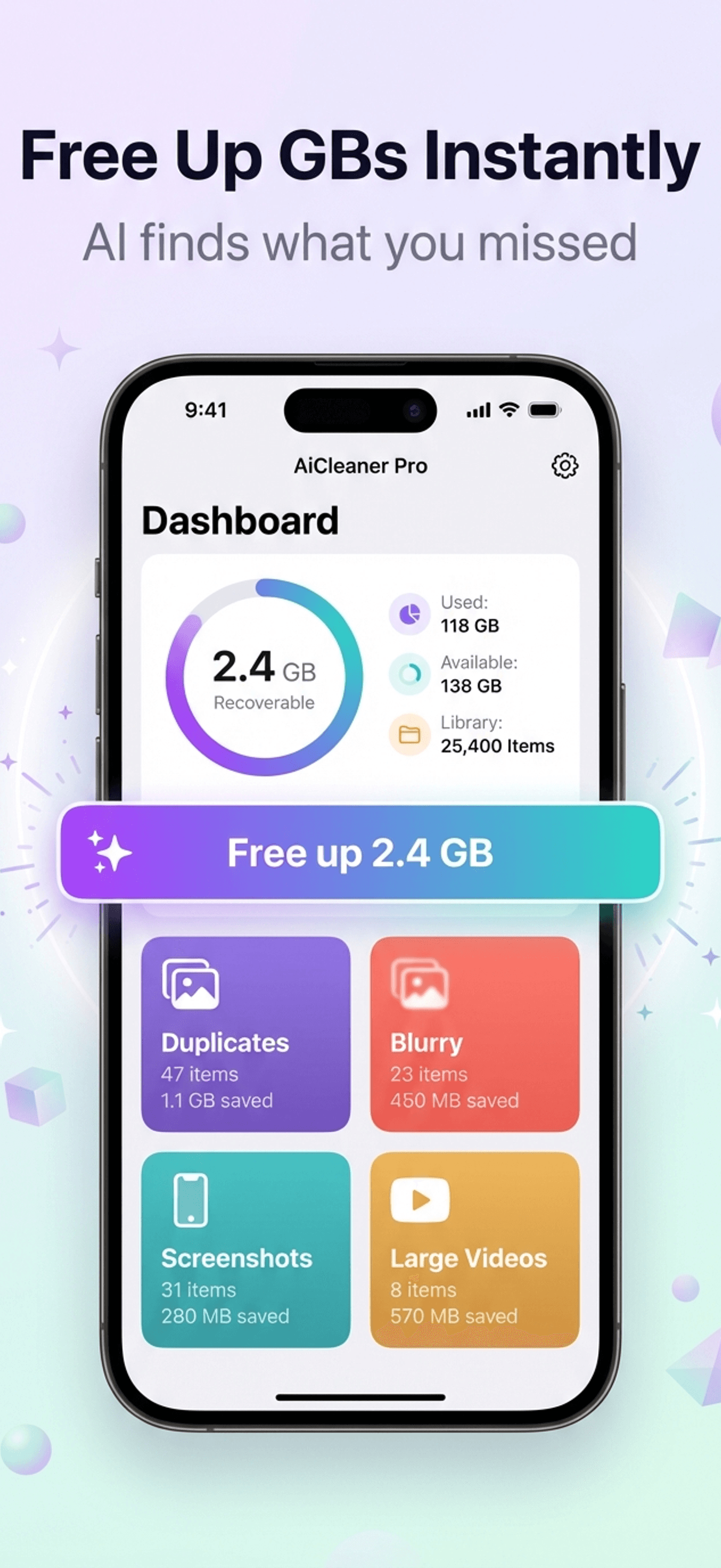 AiCleanerPro dashboard showing recoverable storage organized by category