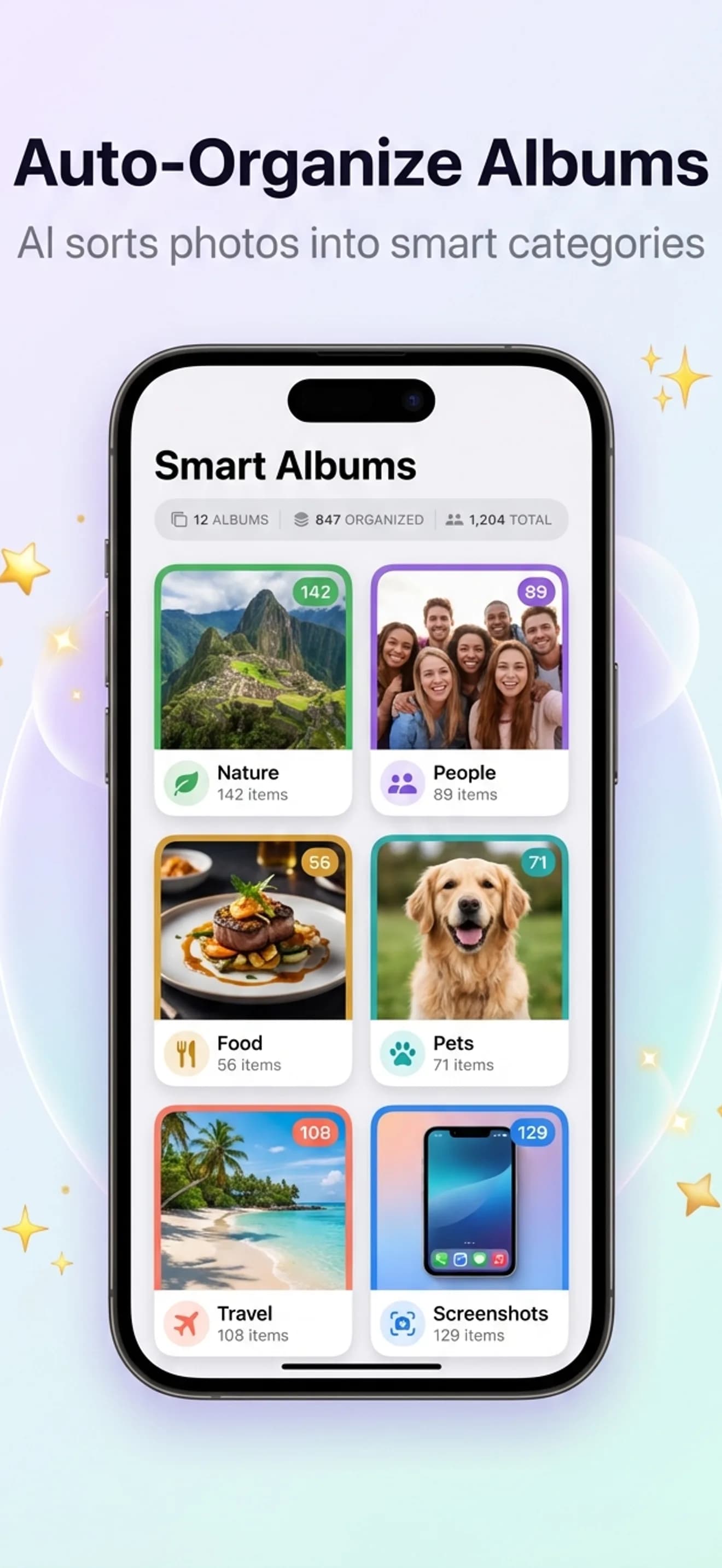 Auto-organized smart albums sorted by AI categories